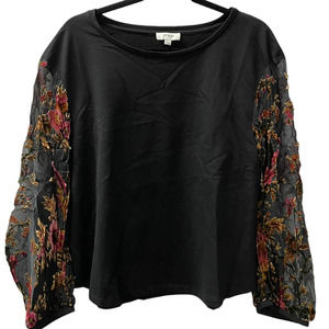 Umgee Blouse Womens Large Black Sheer Floral Long Balloon Sleeve Round Neck Top